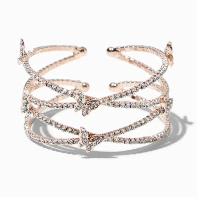 ICING Rhinestone Butterfly Rose Gold-tone Criss Cross Cuff Bracelet