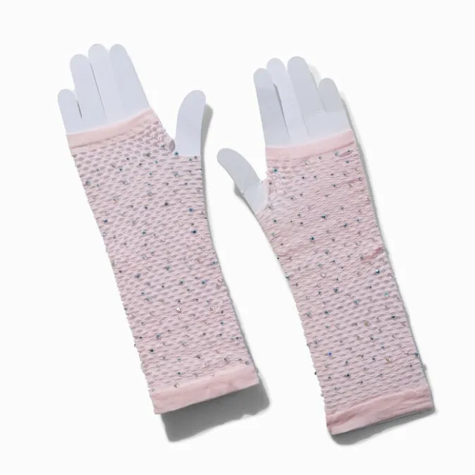 ICING Rhinestone-Studded Pink Fishnet Arm Warmers
