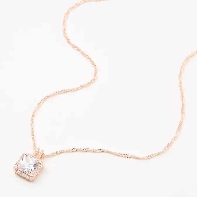 ICING Rose Gold Cubic Zirconia Square Halo Pendant Necklace