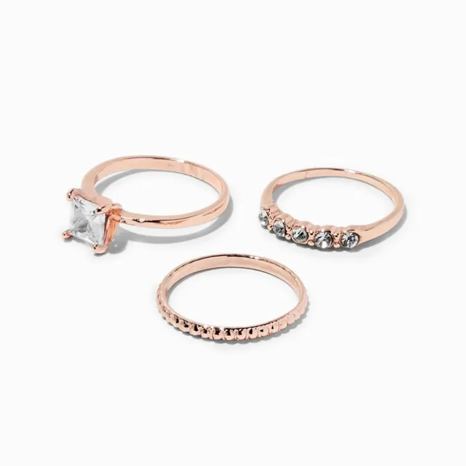 ICING Rose Gold-tone Cubic Zirconia Square Ring Stack Set - 3 Pack