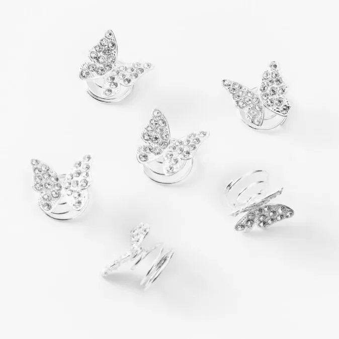 ICING Silver Butterfly Rhinestone Hair Spinners - 6 Pack