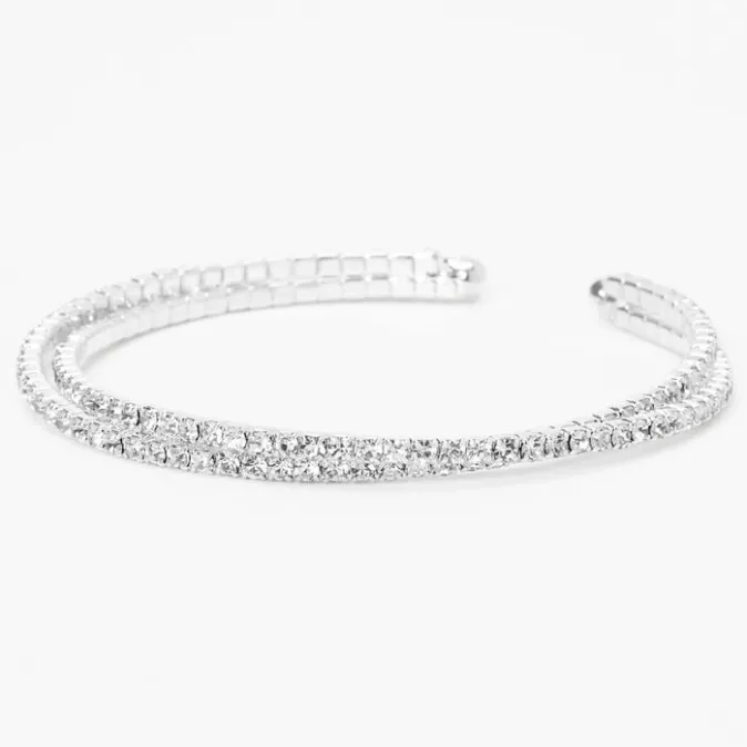 ICING Silver Criss Cross Rhinestone Slim Cuff Bracelet