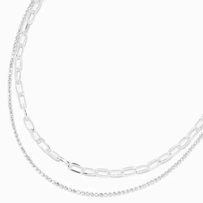 ICING Silver Crystal & Paperclip Chain Multi-Strand Necklace
