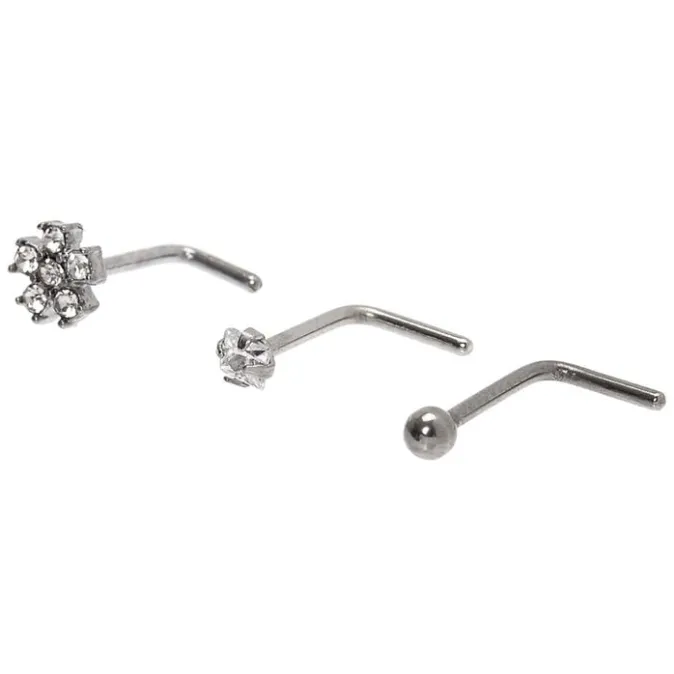 ICING Silver Cubic Zirconia 20G Crystal Flower Nose Studs - 3 Pack