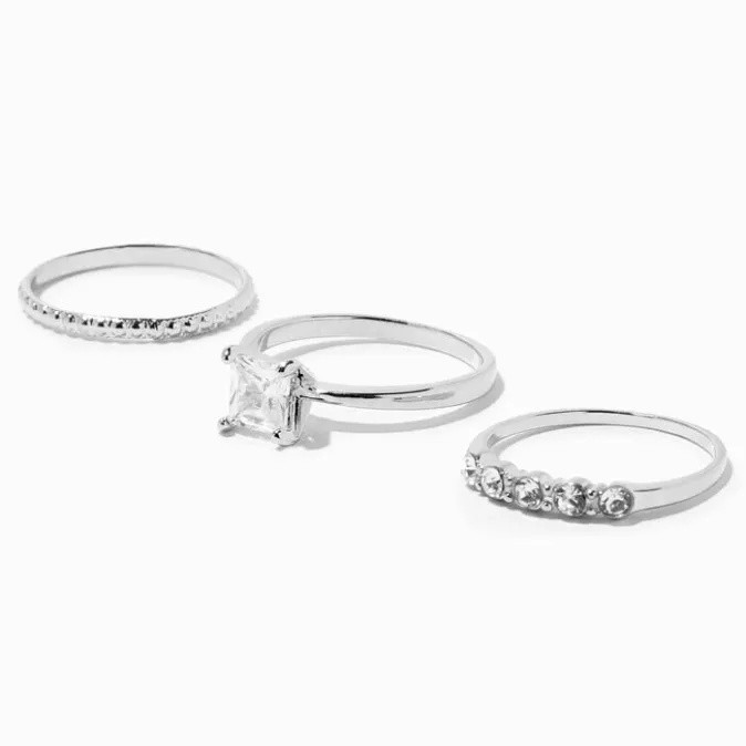ICING Silver Cubic Zirconia Square Ring Set - 3 Pack