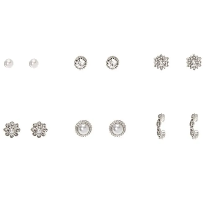 ICING Silver Faux Pearl Fancy Stud Earrings - 6 Pack