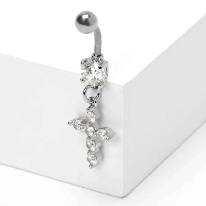 ICING Silver 14G Crystal Cross Belly Ring