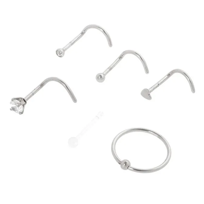 ICING Silver 20G Mixed Crystal Shape Nose Studs & Hoop - 6 Pack