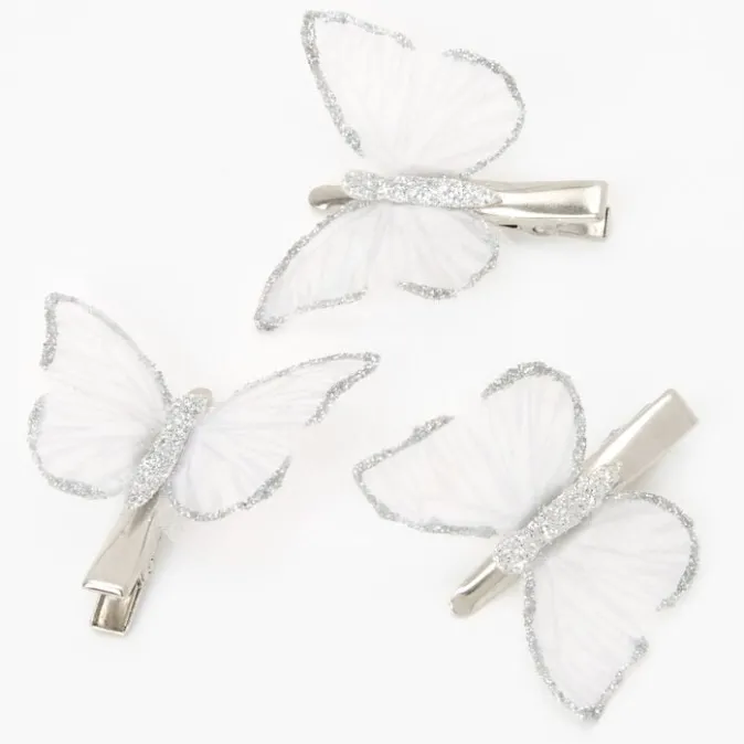 ICING Silver Glitter Clear Butterfly Hair Clips - 3 Pack