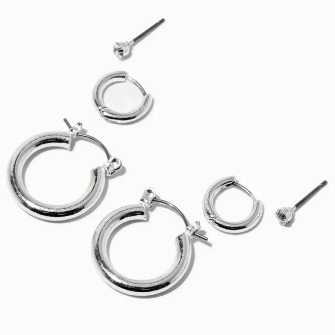 ICING Silver Graduated Embellished Huggie Hoop Earring Stackables Set - 3 Pack