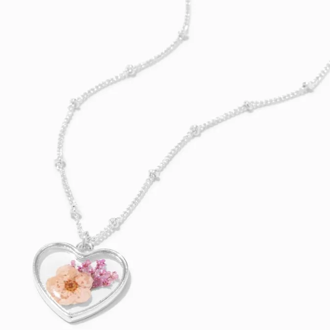 ICING Silver Pressed Flower Heart Pendant Necklace