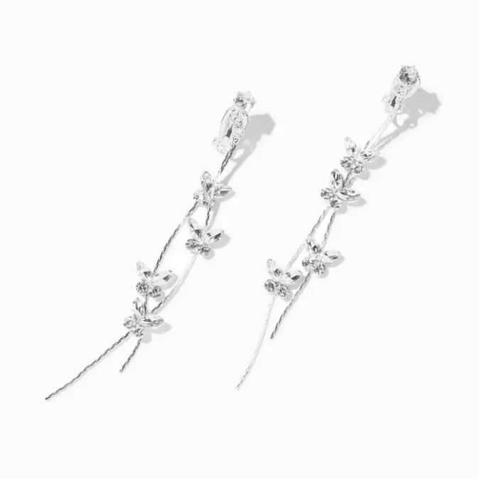 ICING Silver 3.5" Crystal Butterfly Vine Clip-On Drop Earrings