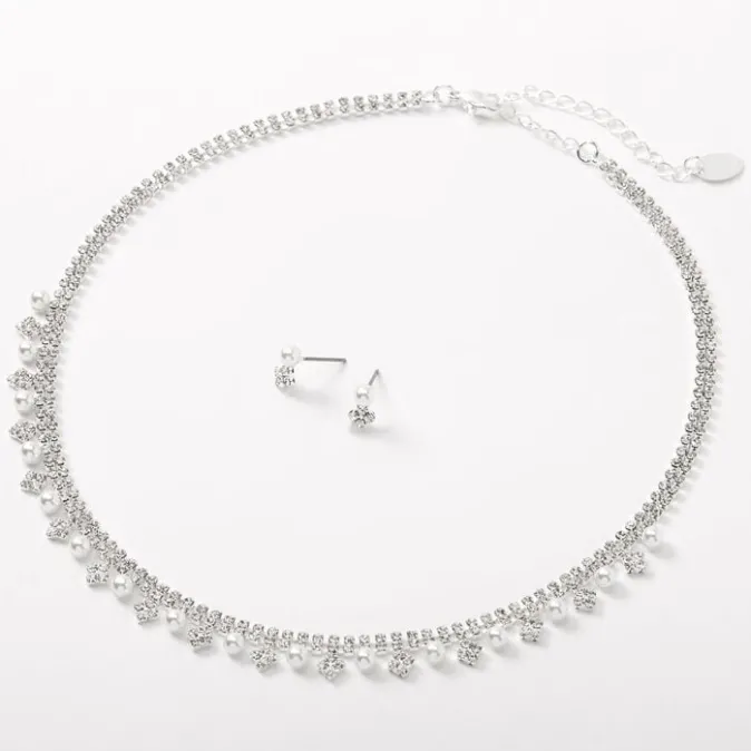 ICING Silver Rhinestone & Pearl Double Row Lined Jewelry Set - 2 Pack