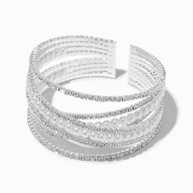 ICING Silver Rhinestone & Pearl Statement Cuff Bracelet