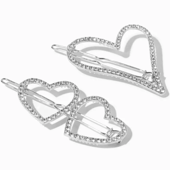 ICING Silver Rhinestone Hearts Metal Hair Clips - 2 Pack