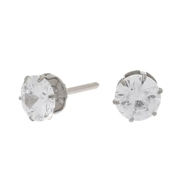 ICING Silver Titanium Cubic Zirconia 6MM Round Stud Earrings