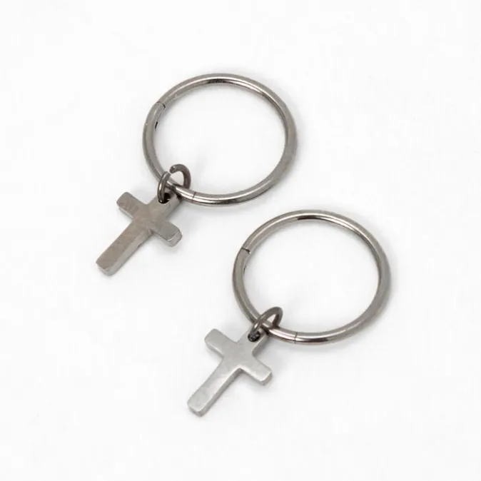 ICING Silver Titanium 10MM Cross Hoop Earrings