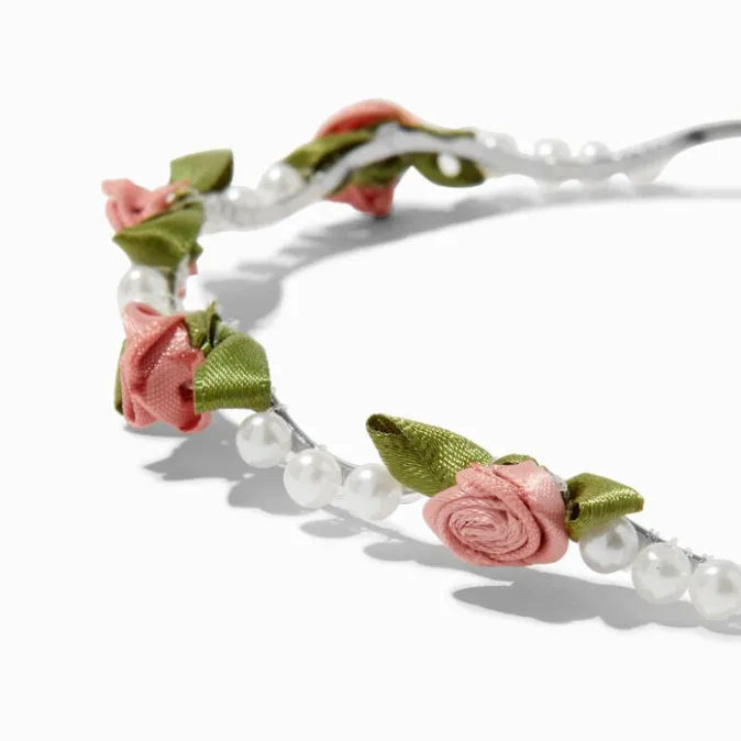 ICING Silver-tone Blush Pink Rose & Pearl Headband