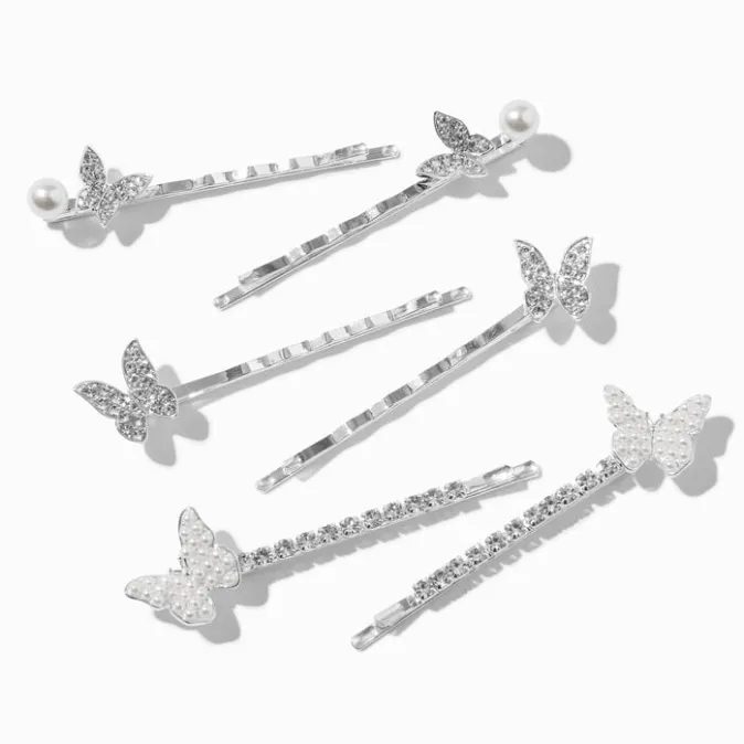 ICING Silver-tone Butterfly Rhinestone Pearl Hair Pins - 6 Pack