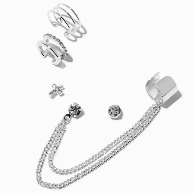 ICING Silver-tone Cross Chain Ear Cuff Connector Stack Earrings