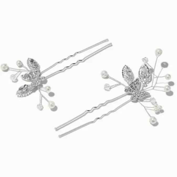 ICING Silver-tone Crystal Butterfly & Pearl Spray Hair Pins - 2 Pack