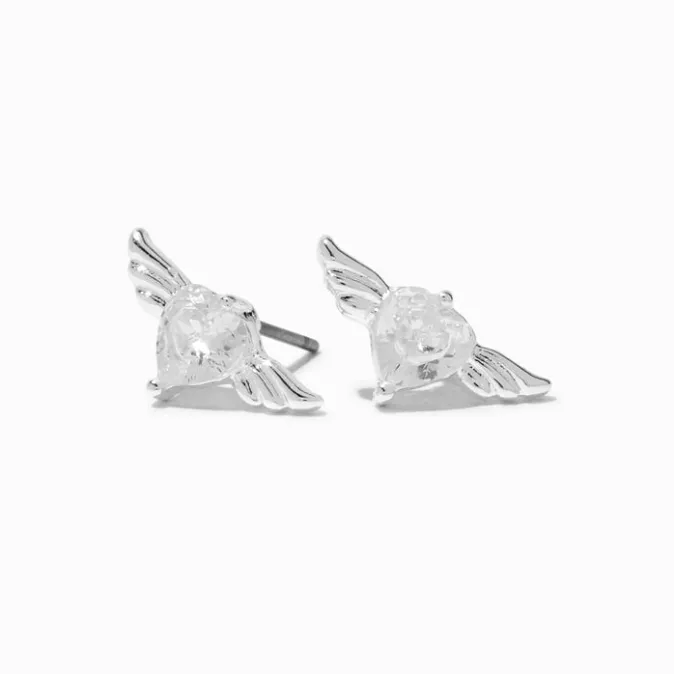 ICING Silver-tone Cubic Zirconia Winged Heart Stud Earrings
