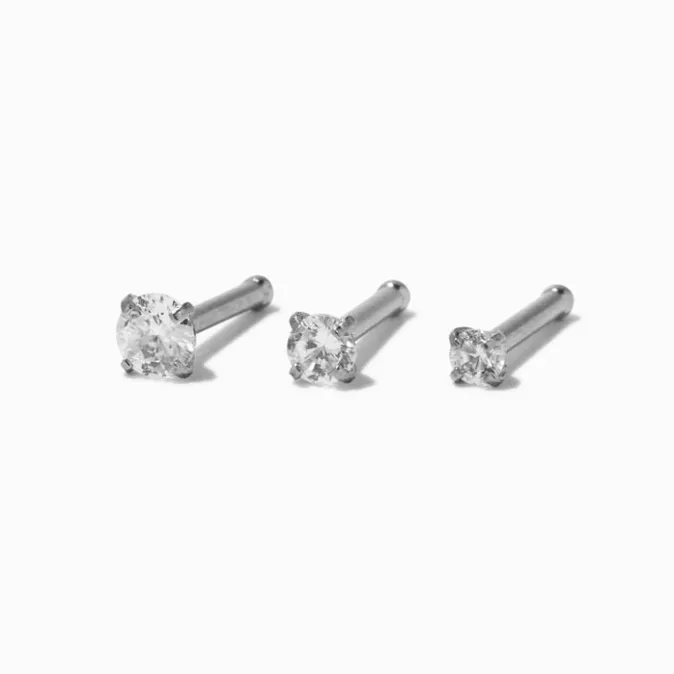ICING Silver-tone Graduated Cubic Zirconia 18G Nose Rings - 3 Pack