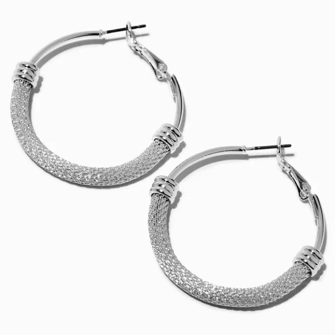 ICING Silver-tone Half Mesh 40MM Hoop Earrings
