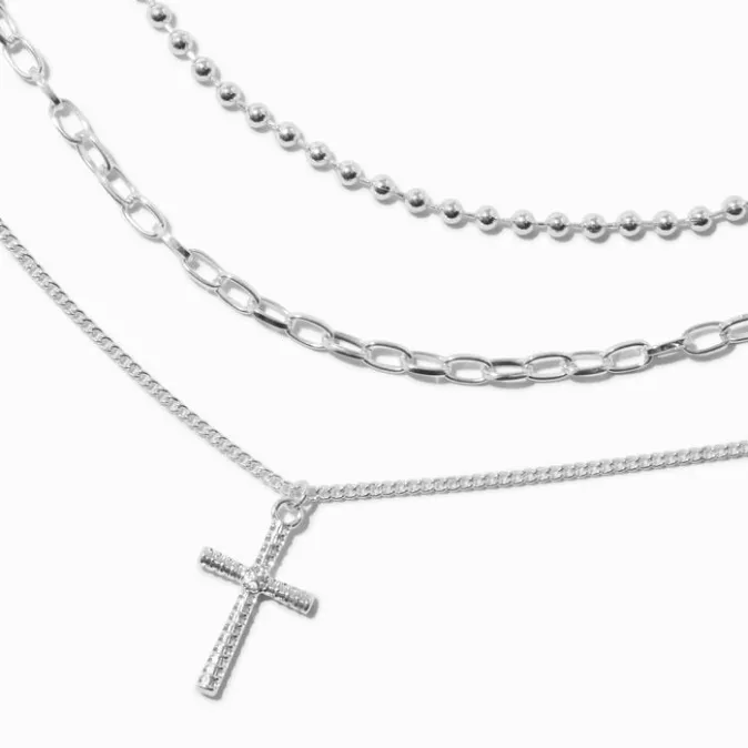ICING Silver-tone Paperclip & Ball Chain Cross Necklaces - 3 Pack