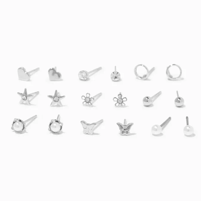 ICING Silver-tone Pearl Floral Mini Stud Earrings - 9 Pack