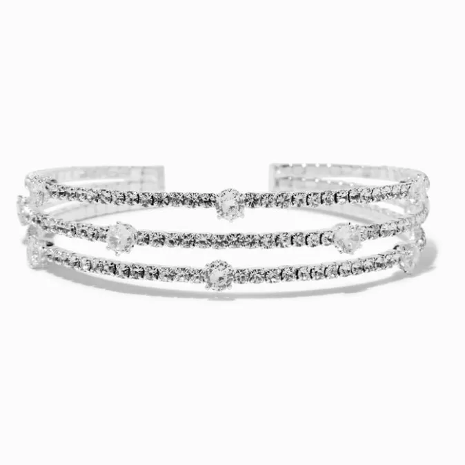 ICING Silver-tone Rhinestone Triple-Row Cuff Bracelet