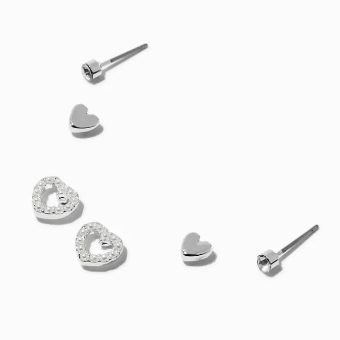ICING Silver-tone Stacked Pearl Heart Stud Earrings - 3 Pack