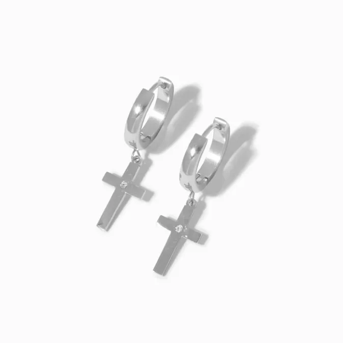 ICING Silver-tone Stainless Steel Cubic Zirconia 15MM Cross Huggie Hoop Earrings