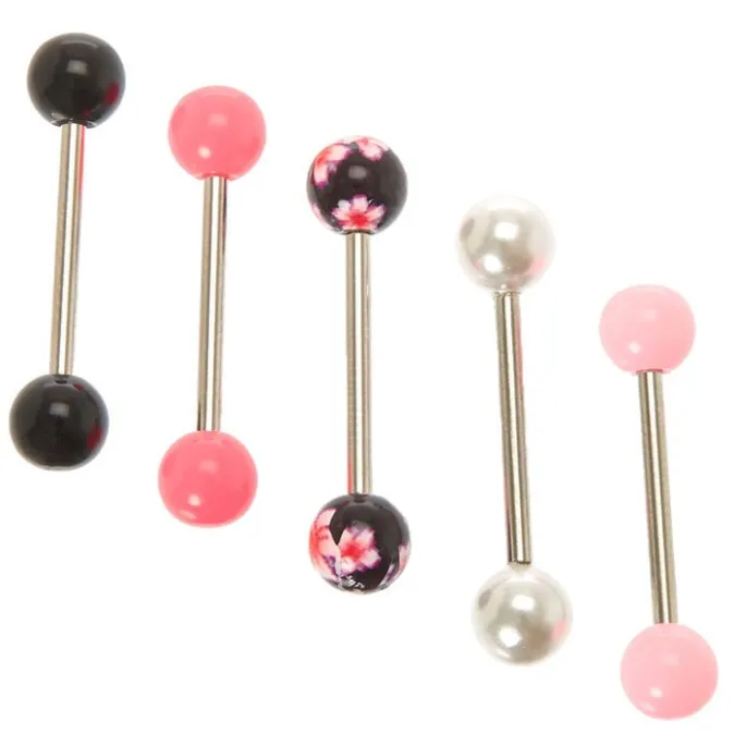 ICING Silver-tone Stainless Steel 14G Flower Pink Pearl Tongue Rings - 5 Pack