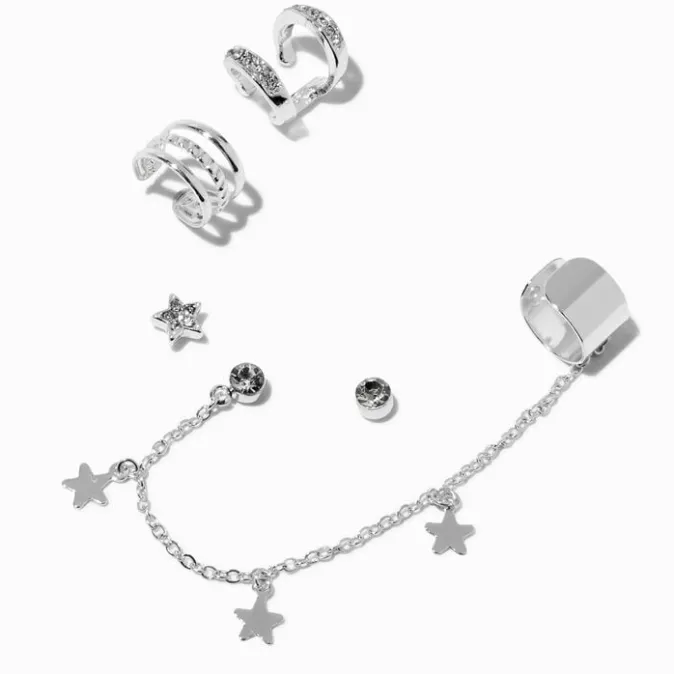 ICING Silver-tone Star Chain Ear Cuff Connector Stack Earrings