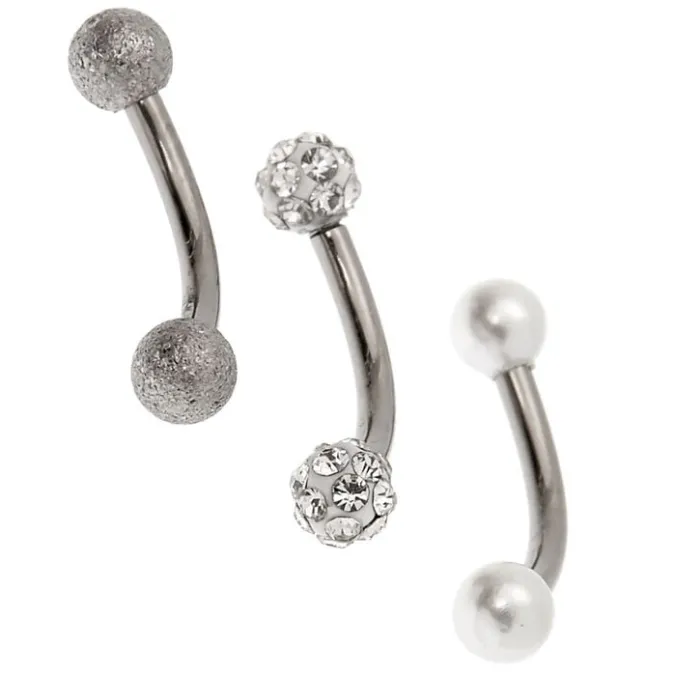 ICING Silver-tone Titanium 16G Bar Fireball Pearl Rook Earrings - 3 Pack