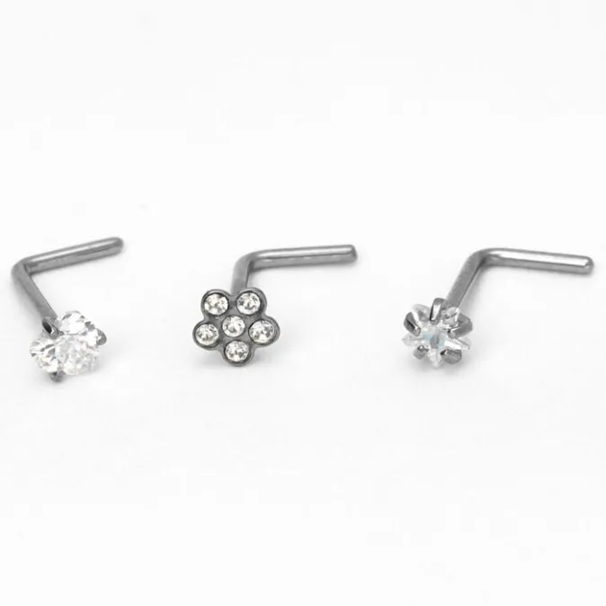 ICING Silver-tone Titanium 20G Flower, Heart & Star Nose Studs - 3 Pack