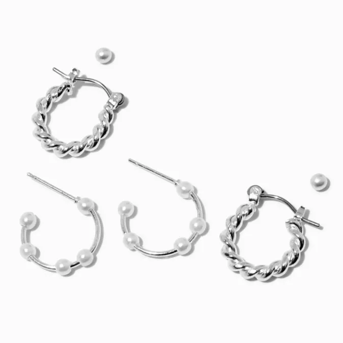 ICING Silver-tone Twisted Pearl Hoop Earring Stack - 3 Pack