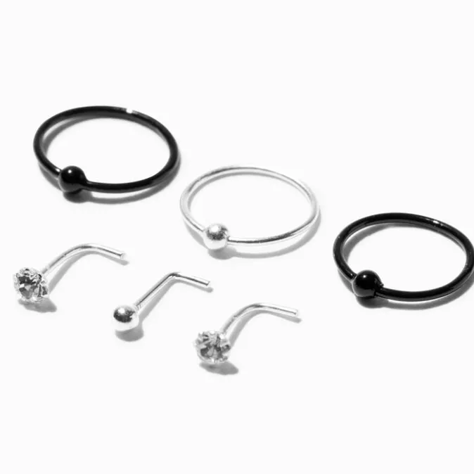 ICING Sterling Silver Black 22G Ball Nose Studs & Hoops - 6 Pack