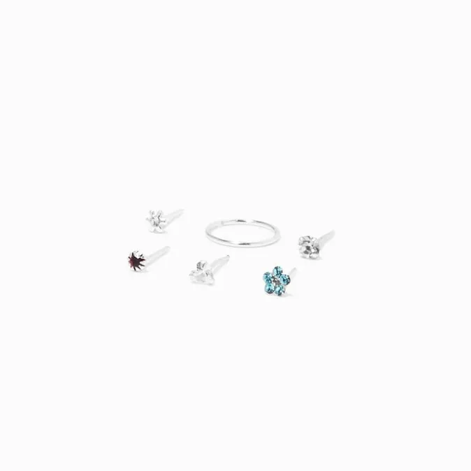 ICING Sterling Silver 22G Daisy Heart Mixed Nose Studs - 6 Pack
