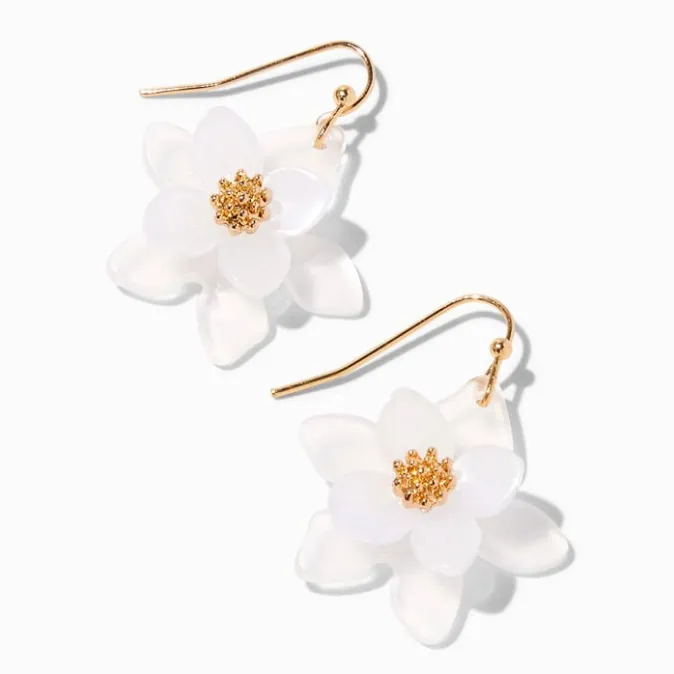 ICING White Flower 1" Gold Drop Earrings